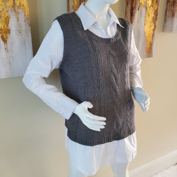 Faded Glory Gray Plus Twofer Sweater with Built-In Collared Shirt SZ L (12-14) - Picture 6 of 8